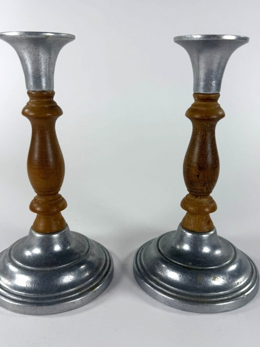 Wilton Armetale Pewter Wood Pair Candlesticks Vintage 8” Columbia PA USA
